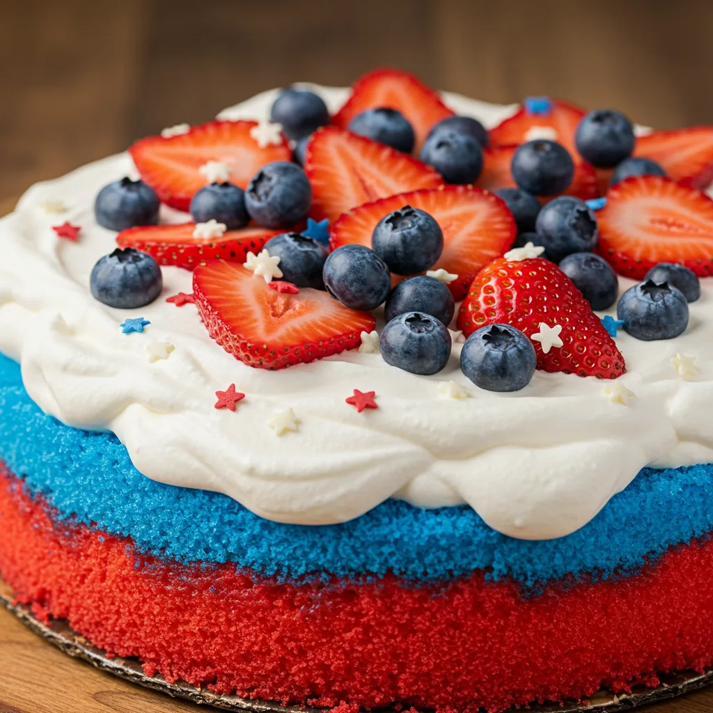 Patriotic Poke Cake: The Ultimate Red, White & Blue Dessert for Any Celebration 6 Decorated Patriotic Poke Cake with berries and sprinkles