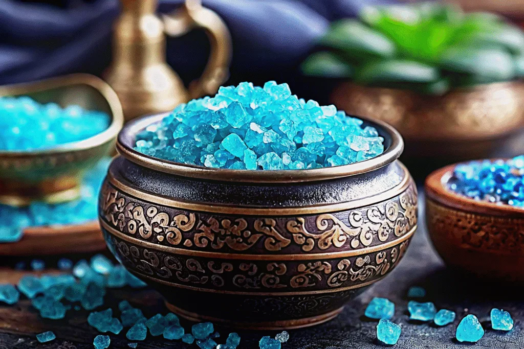 How to Make Blue Salt: Authentic Persian Blue Salt Drink & Vibrant Finishing Salt 4 Blue Salt Trick Recipe – Natural blue salt crystals and a glass of water on a wooden table.