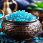 How to Make Blue Salt: Authentic Persian Blue Salt Drink & Vibrant Finishing Salt 5 Blue Salt Trick Recipe – Natural blue salt crystals and a glass of water on a wooden table.