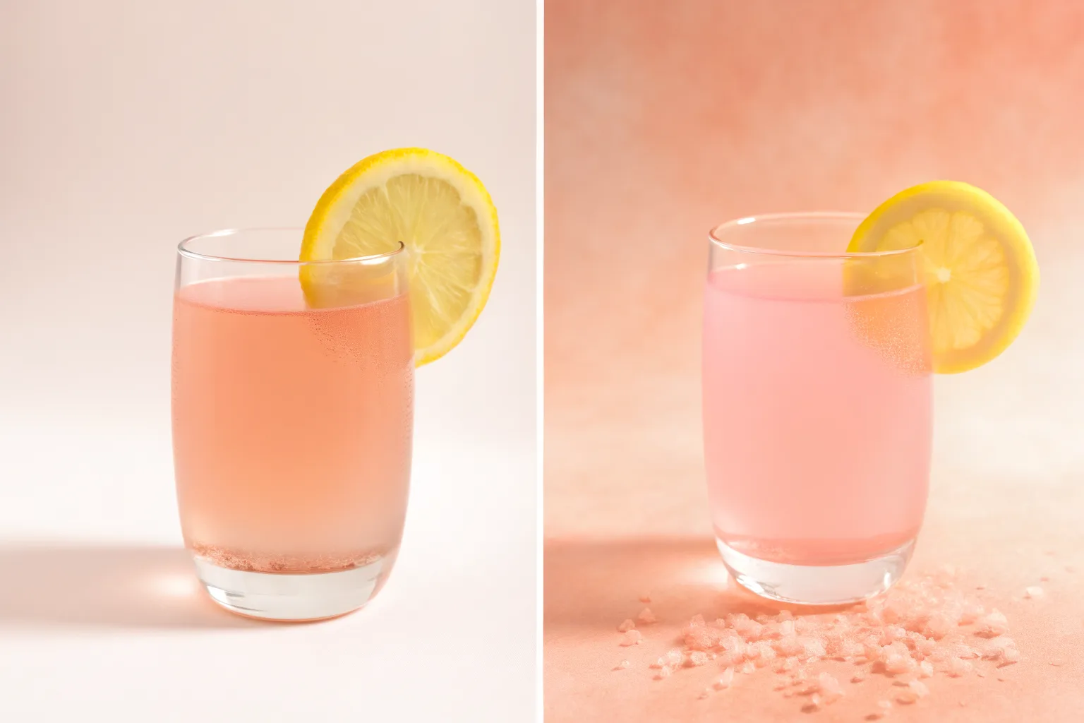 A stylized glass of japanese pink salt recipe drink with a lemon slice and pink salt crystals on a soft pastel background.