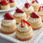 Miniature Strawberry Shortcake Recipe: A Perfect Bite-Sized Delight 5 Miniature strawberry shortcakes on a platter with whipped cream and fresh strawberries.