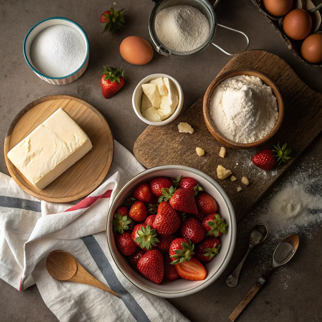 Miniature Strawberry Shortcake Recipe: A Perfect Bite-Sized Delight 6 Ingredients for miniature strawberry shortcake: flour, butter, strawberries, sugar, and whipped cream.