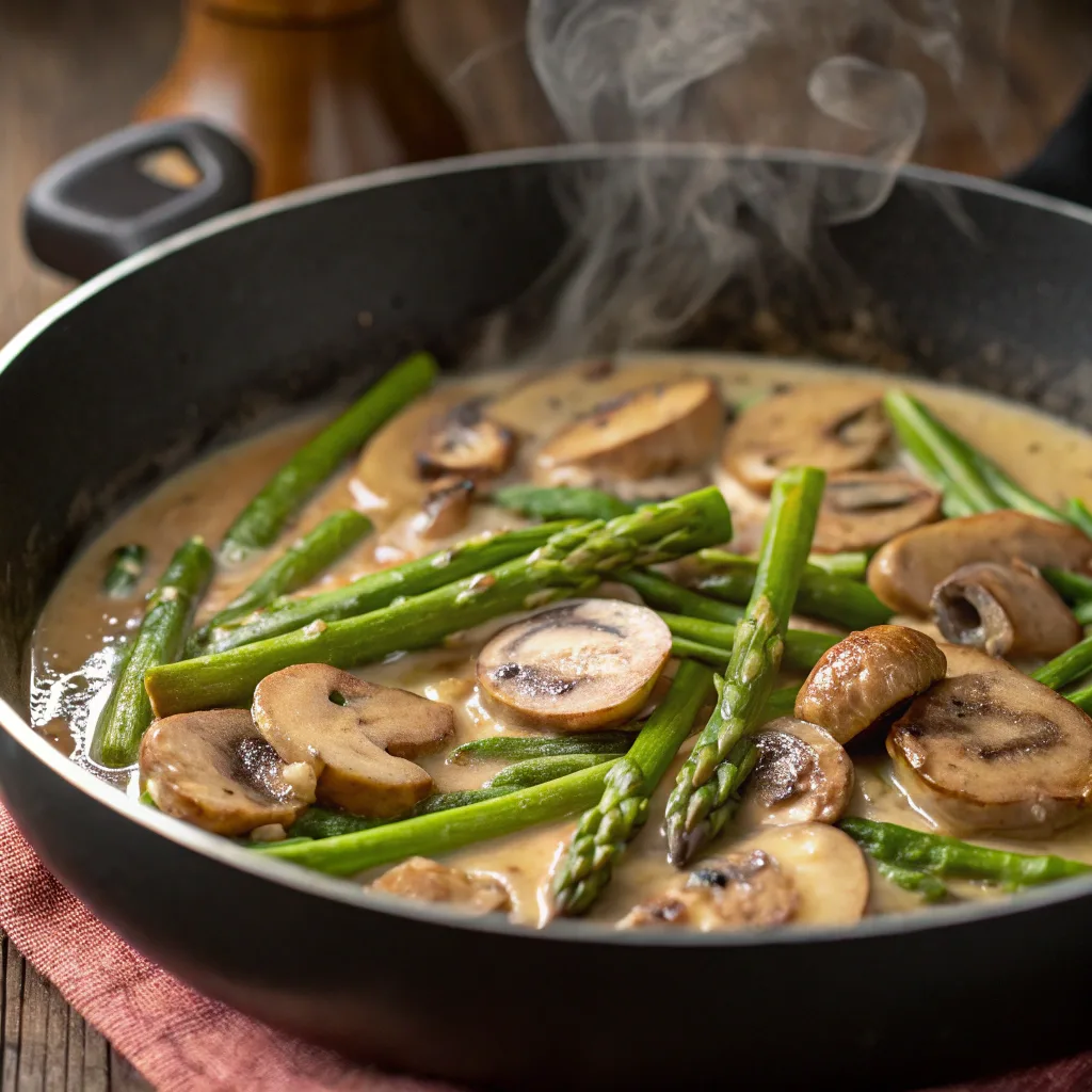 Creamy Mushroom and Asparagus Chicken Penne Recipe – The Ultimate Comfort Food 6 Sautéing Mushrooms and Asparagus for Creamy Sauce